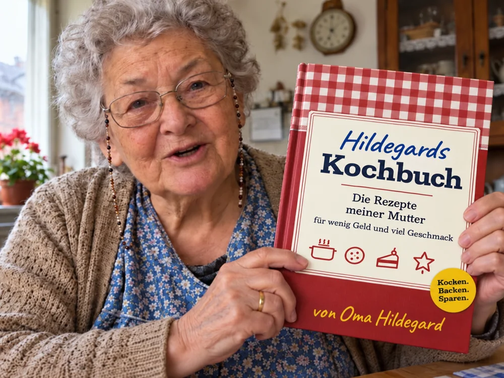 Oma Hildegard in ihrer Küche, mit ihrem Kochbuch in der Hand
